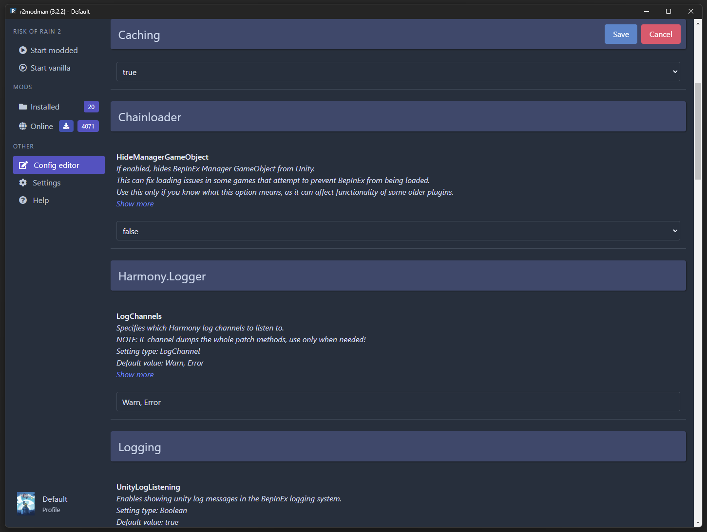 Config editor screen in r2modman
