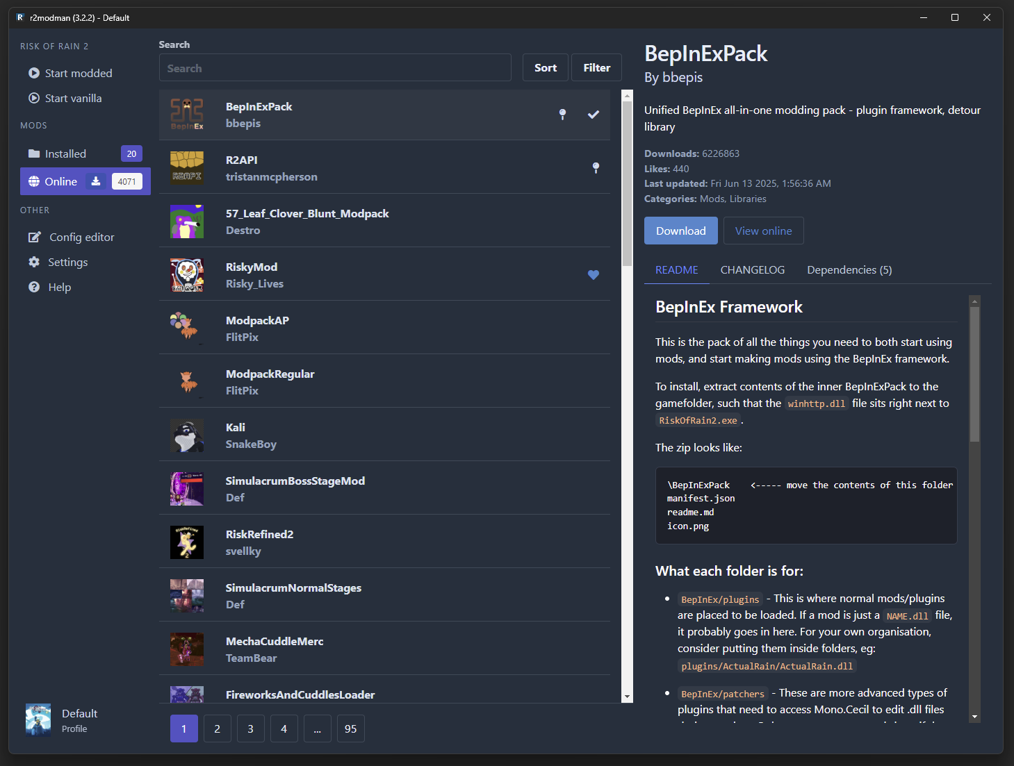 Online mods screen in r2modman