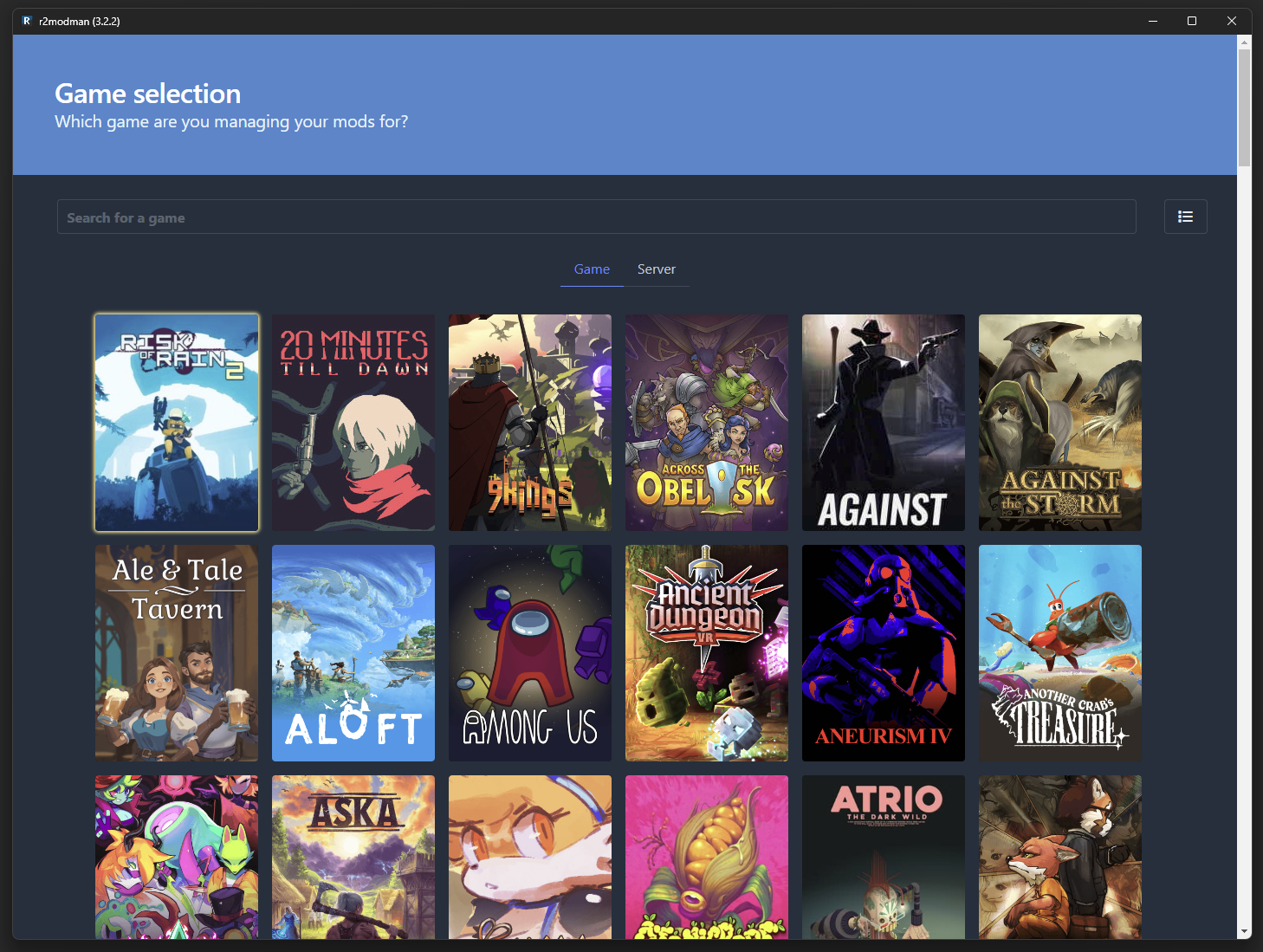 Game selection screen in r2modman
