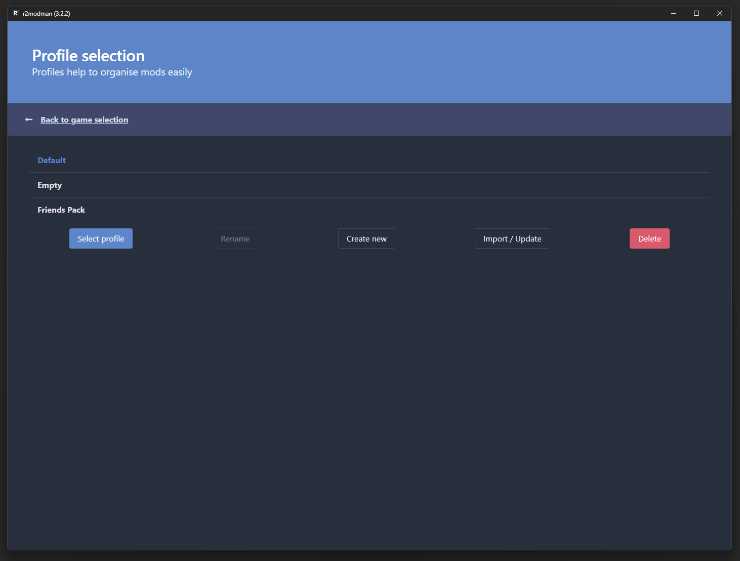 Profiles screen in r2modman